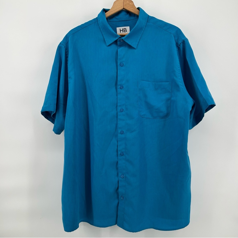 HB Textured Button Up Shirt Mens 1X Blue Short Sleeve Casual‎ Pocket Lightweight